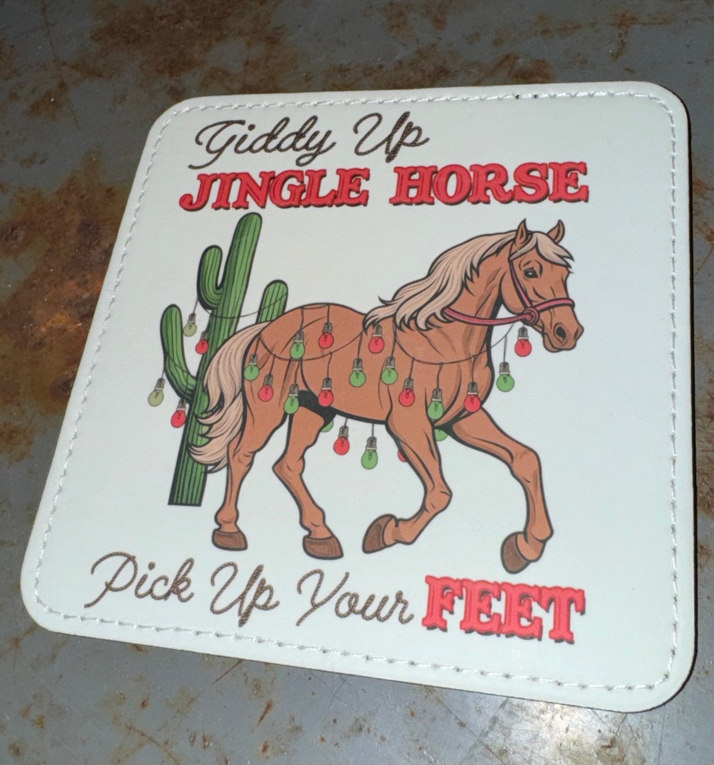 Giddy Up Jingle Horse Leather Coaster