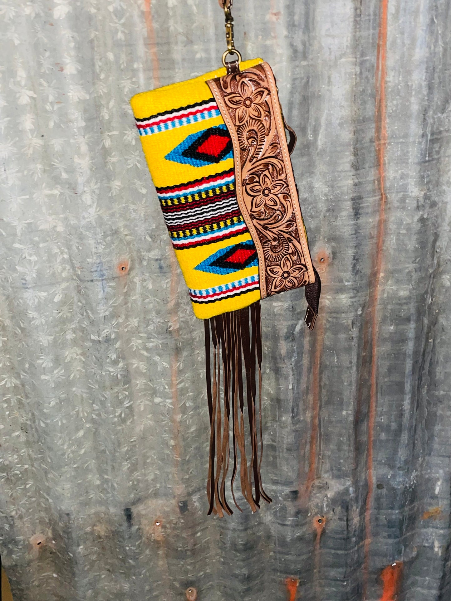 Aztec Tooled Leather Fringe Clutch {yellow}