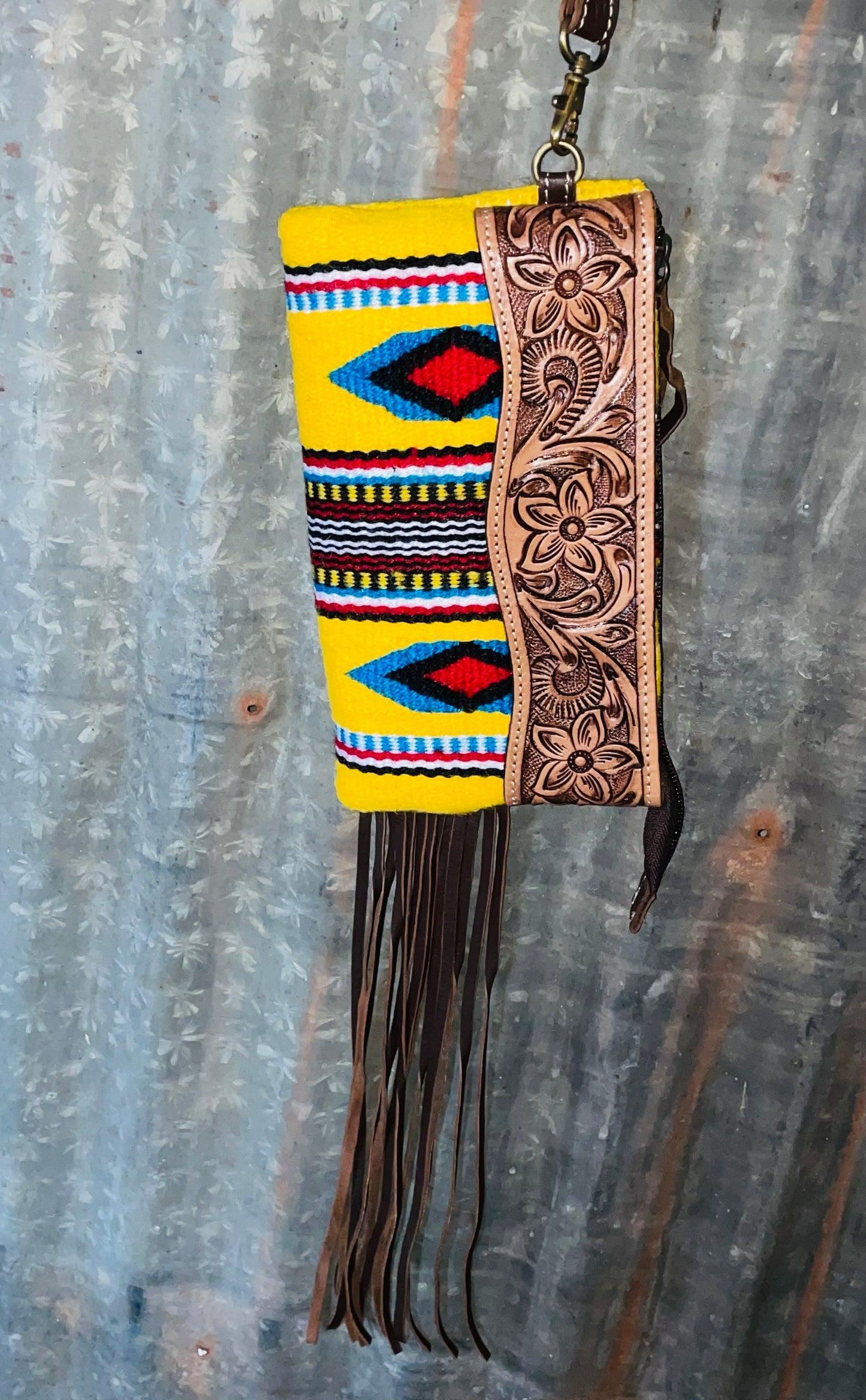 Aztec Tooled Leather Fringe Clutch {yellow}