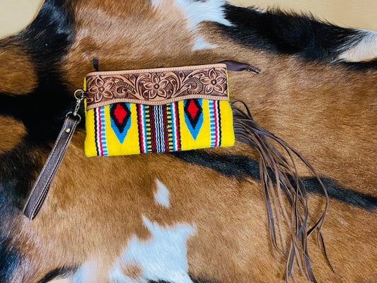 Aztec Tooled Leather Fringe Clutch {yellow}