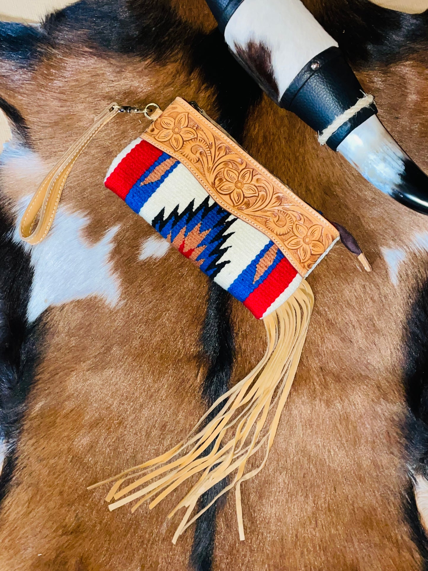 Aztec Tooled Leather Fringe Clutch