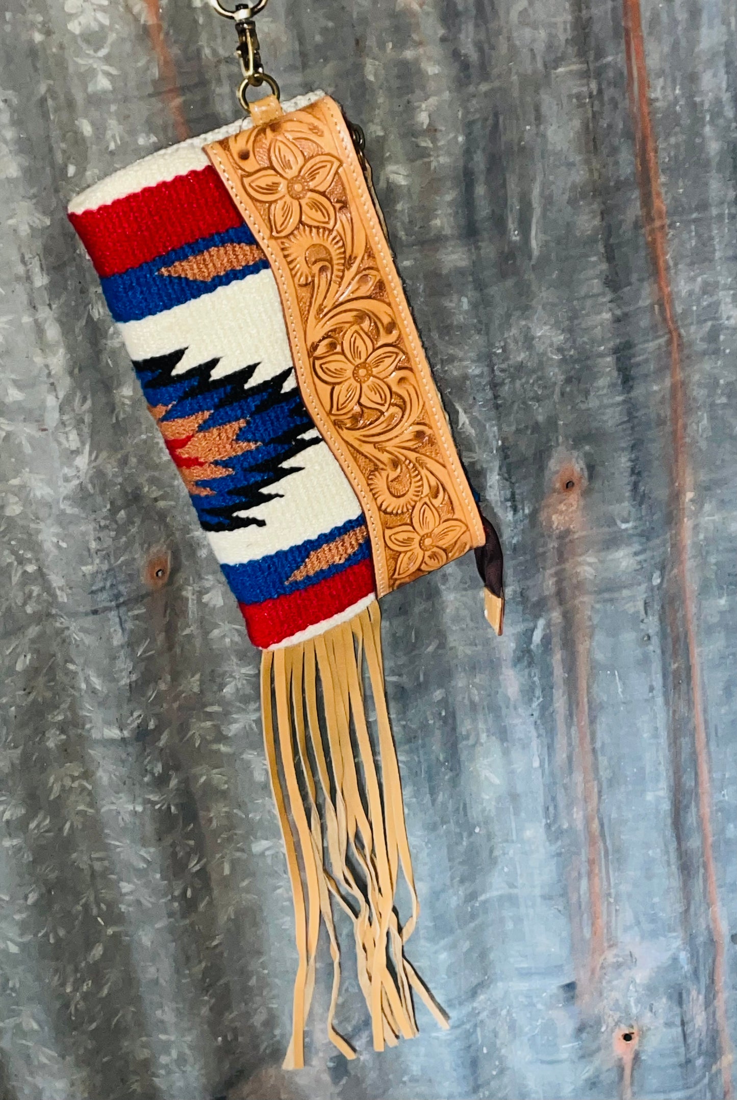 Aztec Tooled Leather Fringe Clutch