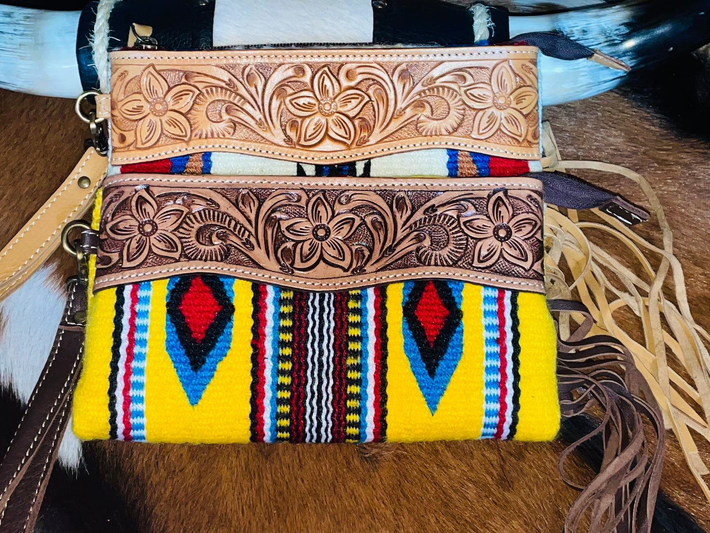 Aztec Tooled Leather Fringe Clutch {yellow}